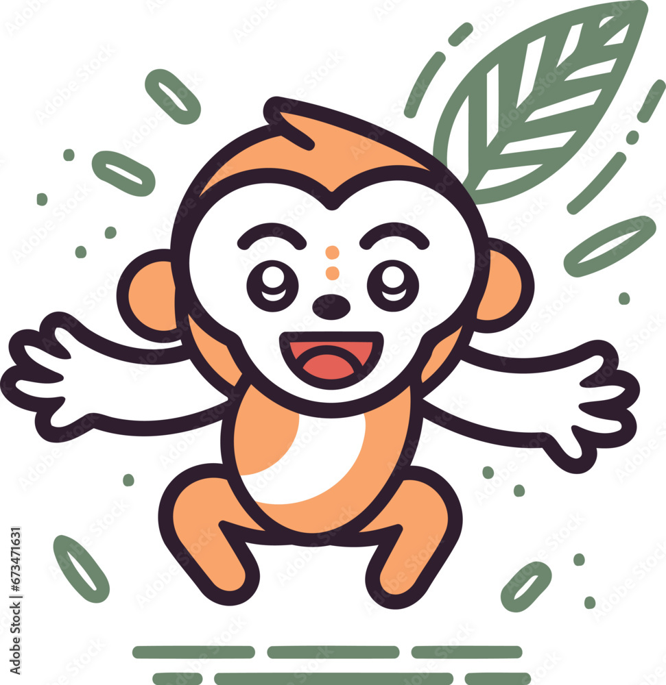 Cute monkey cartoon character. Vector illustration in line art style.