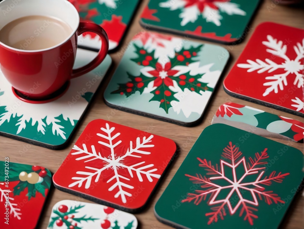A Cup Of Coffee And Coasters With Snowflakes