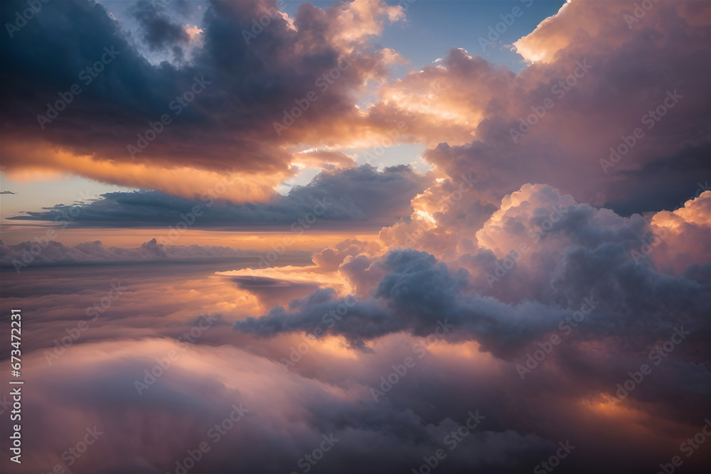 Obraz premium An awe-inspiring scene of swirling clouds in a majestic sky, bathed in the warm glow of a brilliant sunset. Generated Ai
