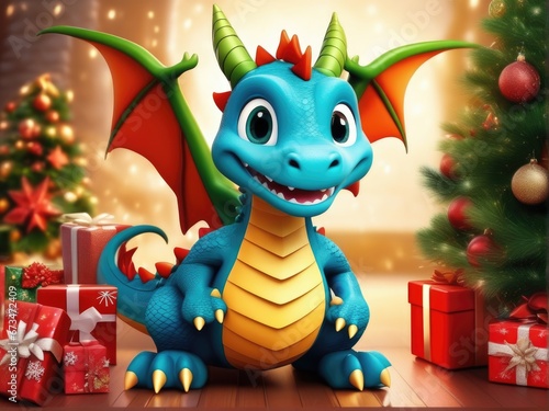 Chinese New Year of the Dragon 2024. Christmas poster with cartoon dragon