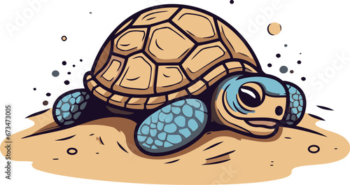 Cartoon turtle on the sand. Vector illustration on white background.
