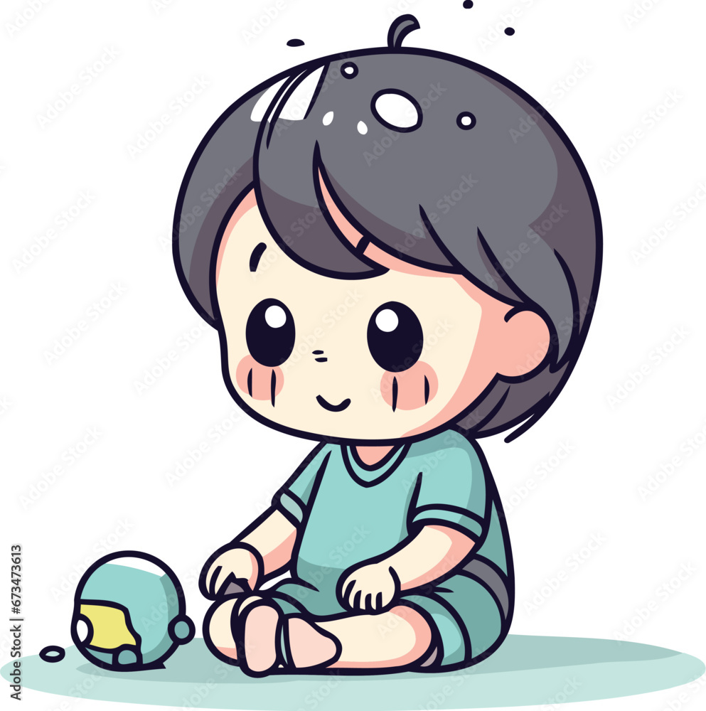 Illustration of a Cute Little Boy Sitting and Playing with His Toy