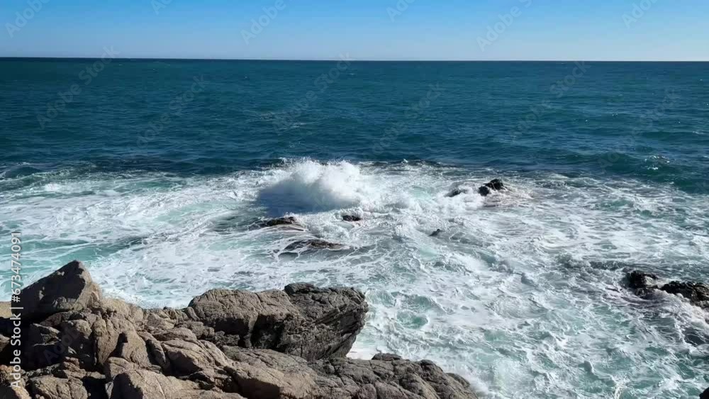 Coastline with Rough Sea: Waves Crashing on Rocks. S'Agaró. Costa Brava