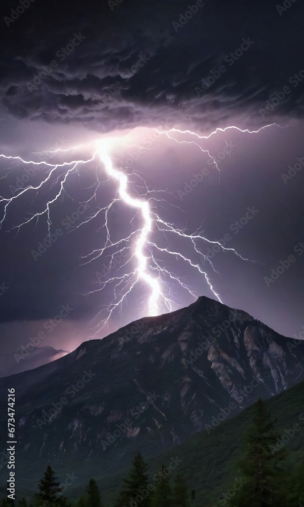 Mountain Covered In Lightning With A Dark Sky.