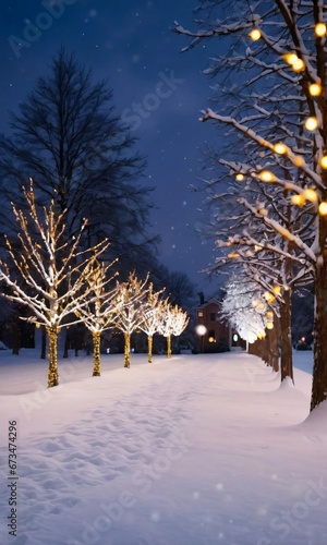 Christmas Lights Twinkling Brightly Against The Backdrop Of A Snowy Evening. © Pixel Matrix