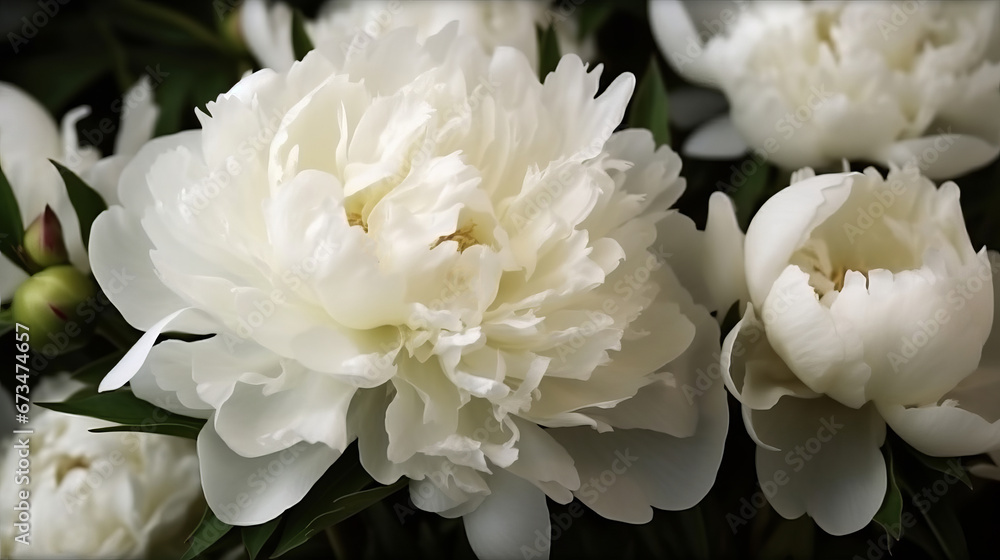 Beautiful white peonies as background, closeup view. Decor concept. Wallpaper concept. Art concept. 3d concept. Flower concept. Florist concept.