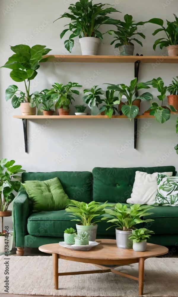 Living Room With Green Houseplants And Sofas.