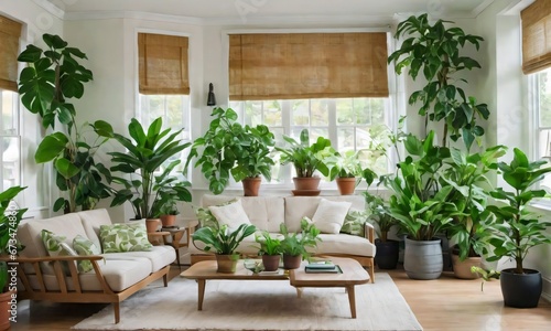 Living Room With Green Houseplants And Sofas.