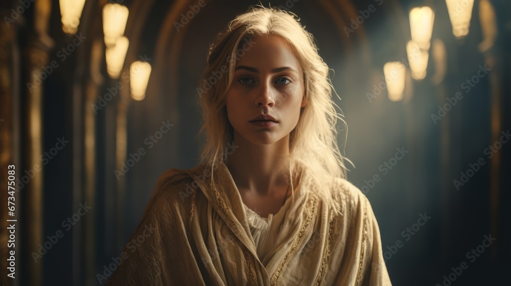 Blonde woman with beautiful face, cloaked in white and gold, wearing a beautiful 11th-century dress Blonde woman with beautiful face, cloaked in white and gold, wearing a beautiful 11th-century dress