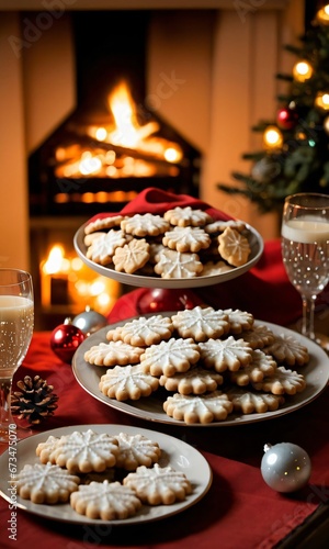 Christmas Cookies On A Plate  The Table Lit By The Warm Glow Of A Nearby Fireplace.
