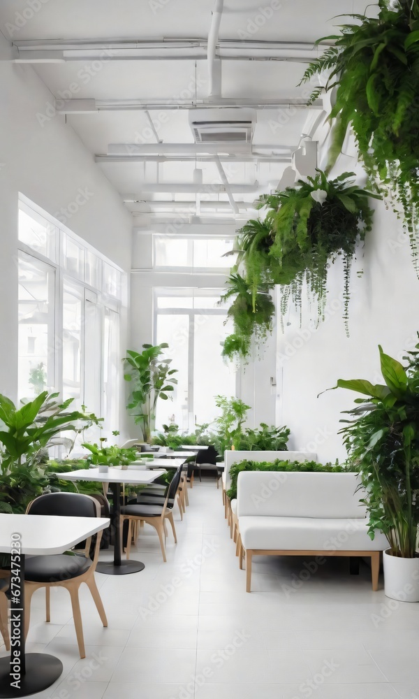 White Cafeteria Interior Adorned With Plants And Sofas.