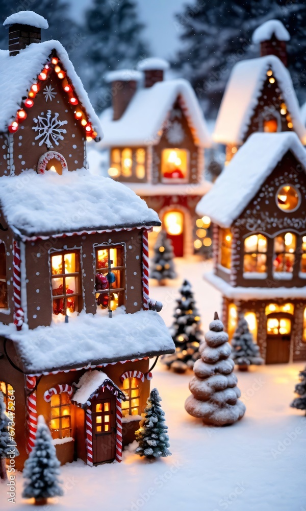 Photo Of Christmas Snowy Village With Lanterns And A Gingerbread House Display