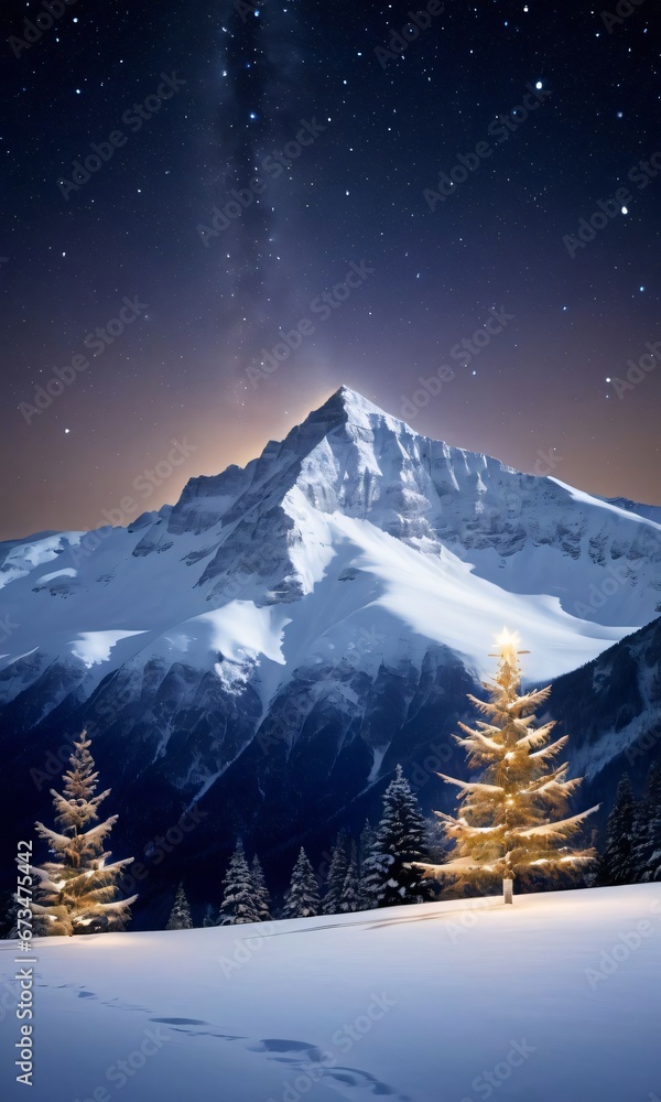Christmas Stars Illuminating A Snowy Mountain, At Night.
