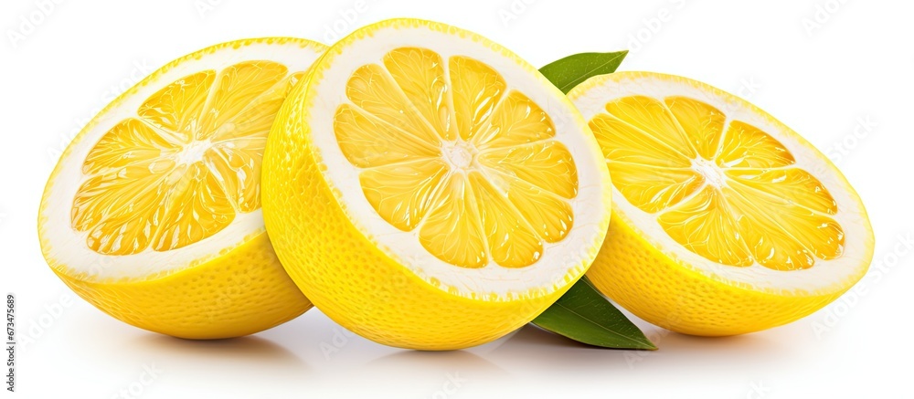 A lemon being sliced on a white surface while isolated with a clipping path