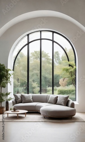 Minimalist Home Interior Design Of Modern Living Room With A Curved Sofa Near An Arched Window.