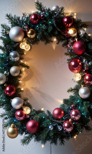 Photo Of Christmas Wreath Intertwined With Icicles  Baubles  And Fairy Lights