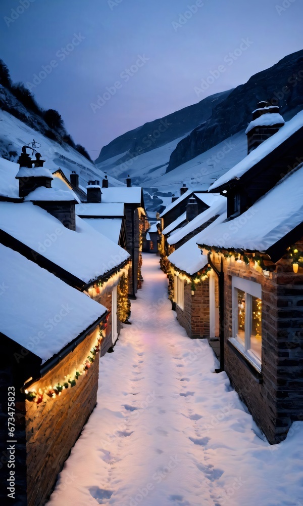 Christmas Lights Illuminating A Path Through A Snowy Village, Captured At Dawn. Christmas Lights Illuminating A Path Through A Snowy Village, Captured At Dawn.