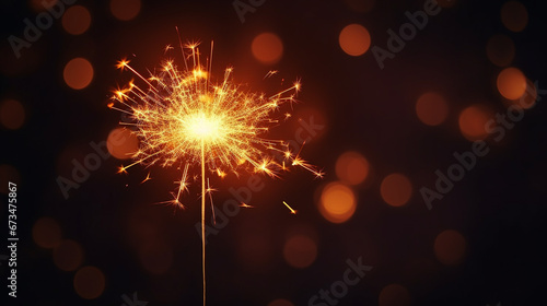 Burning sparkler on dark background with bokeh effect