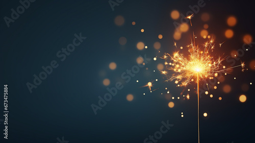 Burning sparkler on dark blue background with bokeh effect
