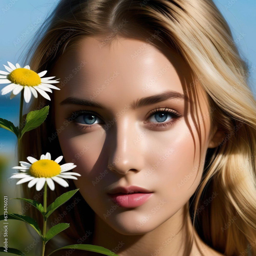 Retrato de cerca de una mujer rubia de ojos azules junto a dos margaritas