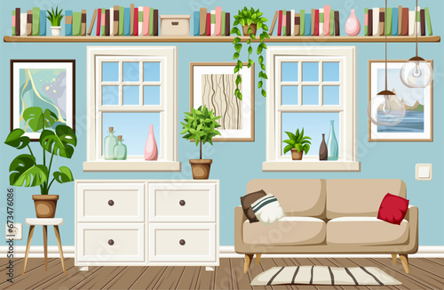 Living room interior design with blue walls, a sofa, a bookshelf, a dresser, two windows, and houseplants. Cozy living room interior design. Cartoon vector illustration