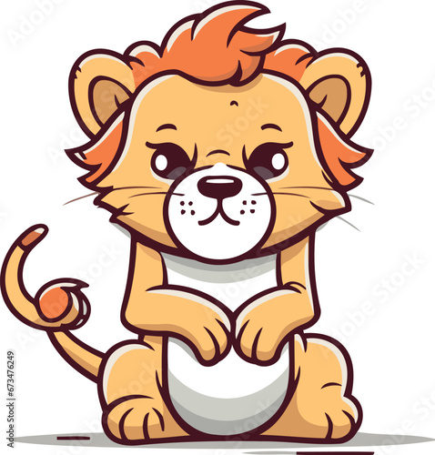 Cute cartoon lion sitting and showing thumbs up. Vector illustration.