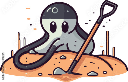 Cute alien with a shovel on the beach. Vector illustration. © Ehtisham