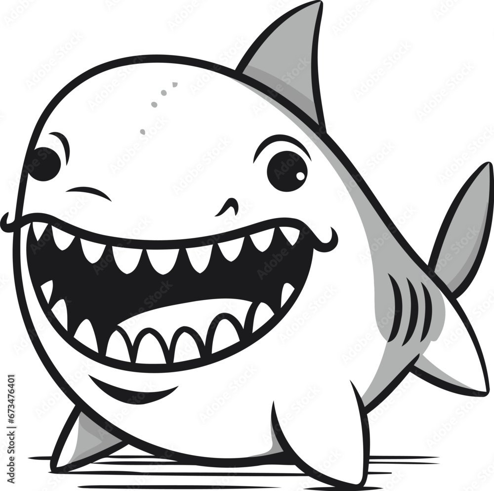 Shark cartoon character. Vector illustration of a funny shark. Black and white Shark cartoon character. Vector illustration of a funny shark. Black and white