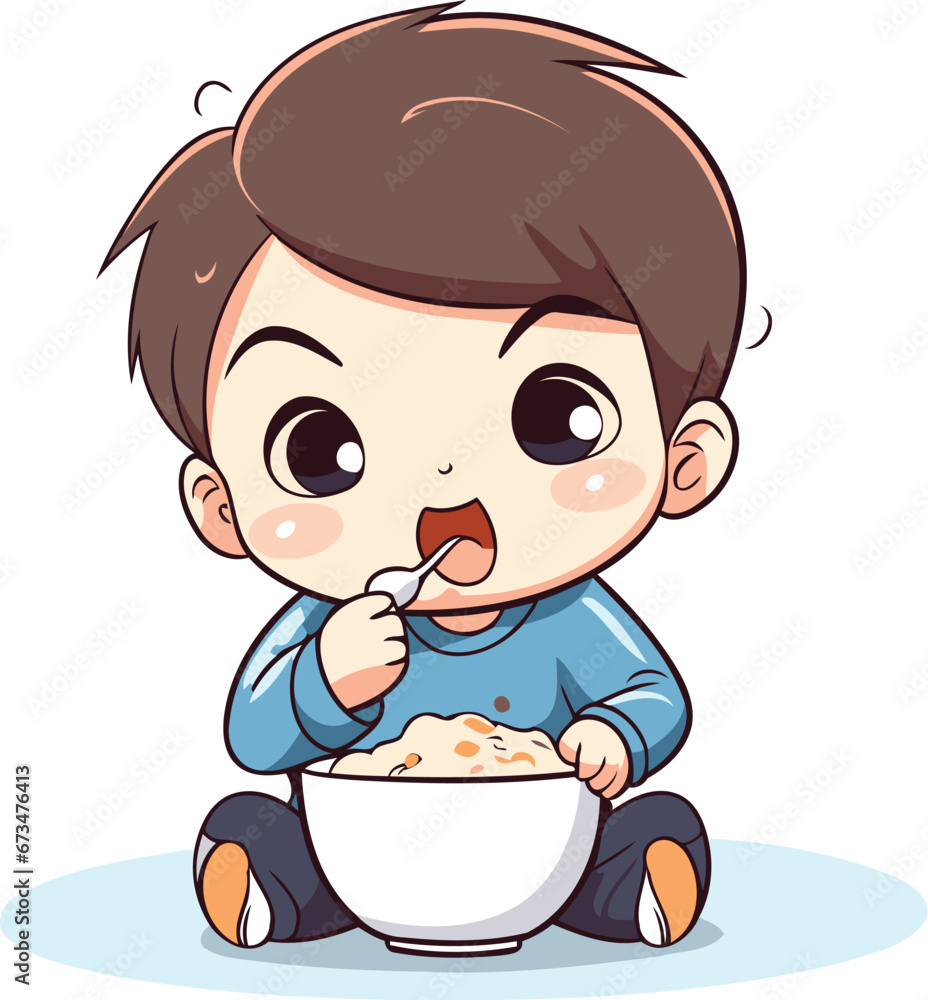Cute little boy eating cereal. Vector illustration. Isolated on white background. Cute little boy eating cereal. Vector illustration. Isolated on white background.