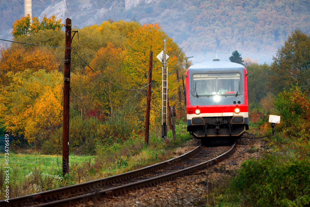 Passenger train on Vadu Crsiului railway, Occidental Carpathians, Romania, Europe - obrazy, fototapety, plakaty 