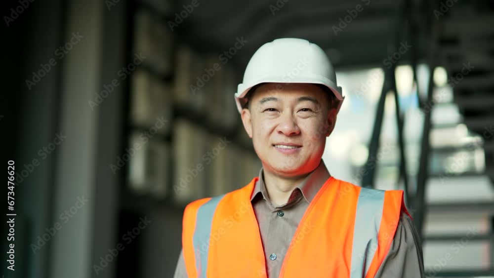 Close up portrait of a smiling asian professional engineer wearing safety helmet and vest standing at factory. Headshot of confident positive industry manager inspector in uniform looking at camera Close up portrait of a smiling asian professional engineer wearing safety helmet and vest standing at factory. Headshot of confident positive industry manager inspector in uniform looking at camera