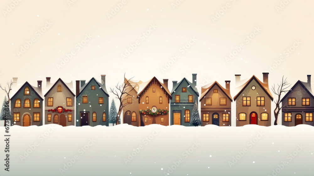Quaint Yuletide Charm: Row of Cute Christmas Houses in a Vintage-Style Winter Scene.