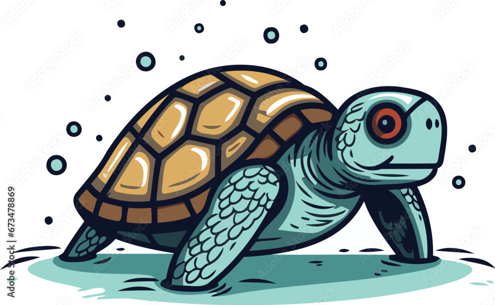Fototapeta premium Vector illustration of a cute cartoon turtle on a white background. Vector illustration