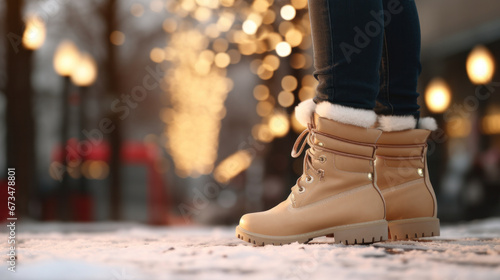 Winter's Step: Close-Up of a Woman's Beige Boots on a Cold, Urban Street.