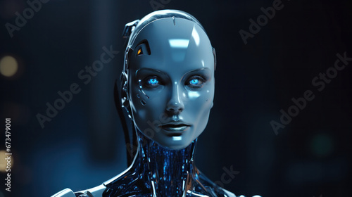 AI Shadows: Humanoid Robot Aglow with Blue Light in the Depths of Darkness.
