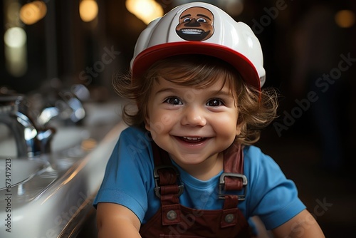 little boy dressed as a plumber