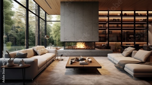 Interior view of a modern luxurious living room with a fireplace. Minimalist style interior design