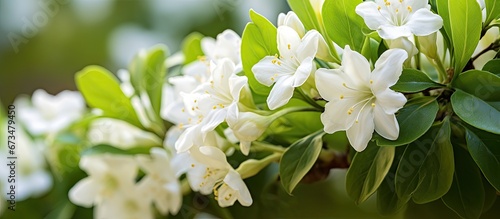 Selective focus and shallow depth of field capture the beauty of white flowers on a mock orange shrub complemented by a bokeh background in a macro shot photo