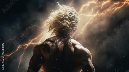 A young man with curly blonde hair from behind emanating thunder and rage from his body