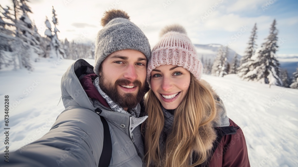 Happy couple of young people taking a selfie in a winter park. Relationships and travel concept Happy couple of young people taking a selfie in a winter park. Relationships and travel concept