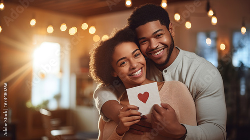 Smiling afro american couple hugging each other and holding a card given for Valentine's Day. Relationship concept