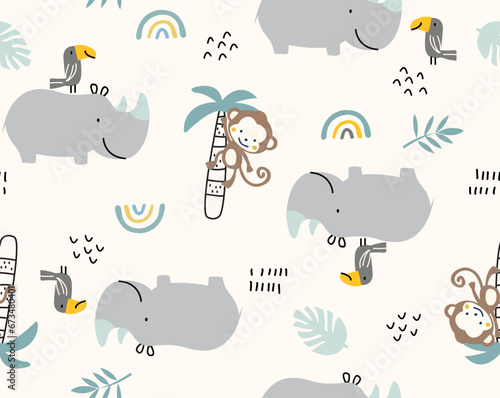 Seamless pattern with jungle, cute monkey, cute rhino with bird, jungle pattern
