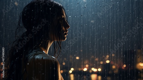 Woman looking out towards the city at night, in the style of wet-on-wet blending, trapped emotions depicted, dark cyan and light amber, depictions of inclement weather, realistic yet romantic photo