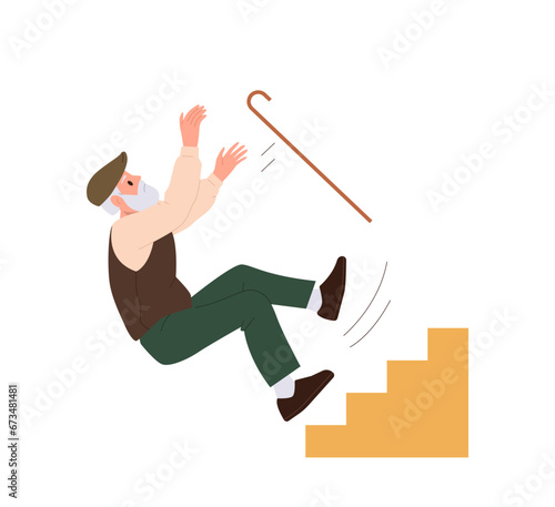 Old senior man cartoon character with cane falling down from stairs isolated vector illustration