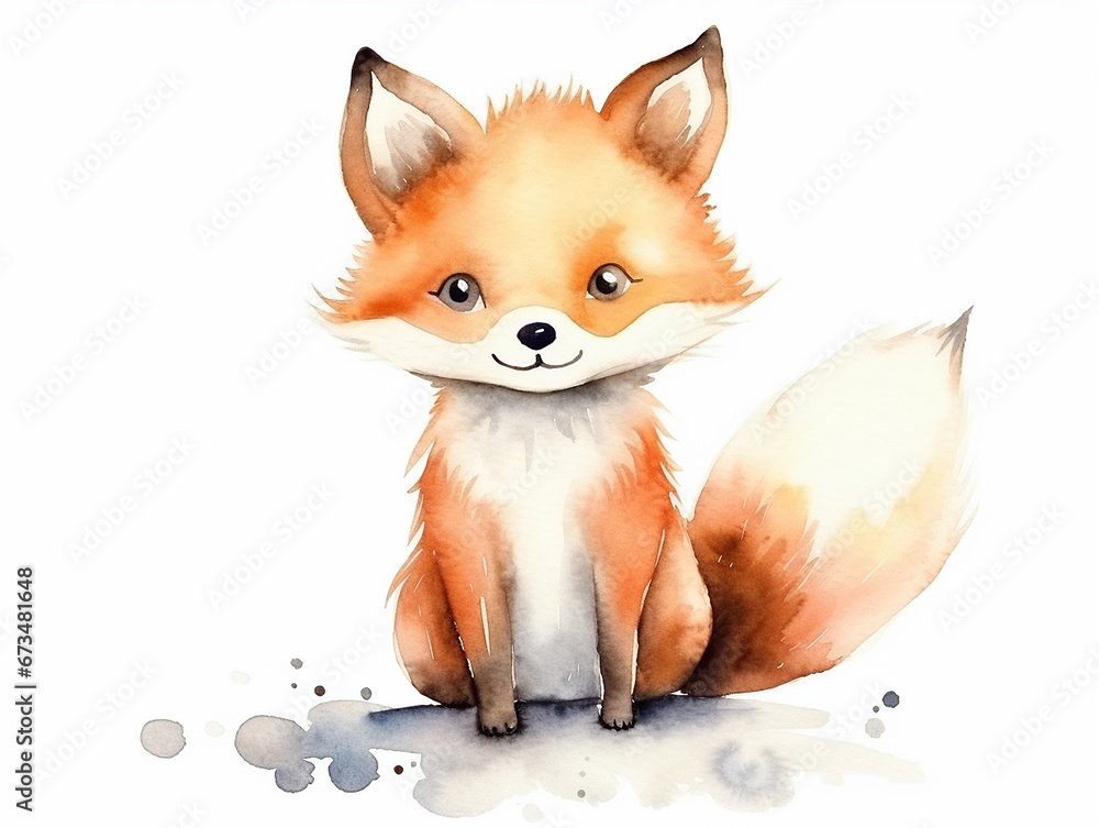 Fototapeta premium Illustration of cute little fox in style of watercolor on white