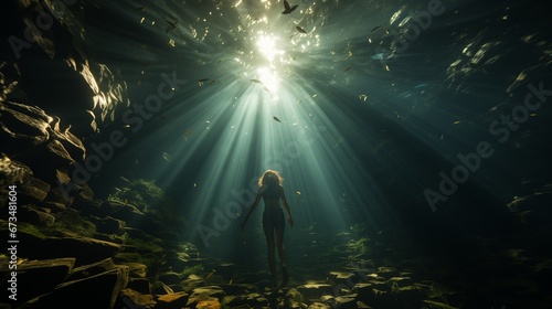 One person is swimming through a cool underwater cave, in the style of suspended/hanging, ethereal seascapes