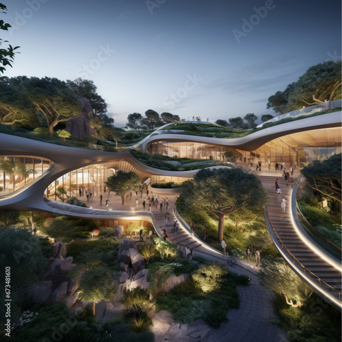 Create an innovative architectural design for a cinema city complex spanning an area of 40,000 square meters, nestled on a sloped land of 70 square meters. Inspired by the natural beauty of pine plant © Mix Creative