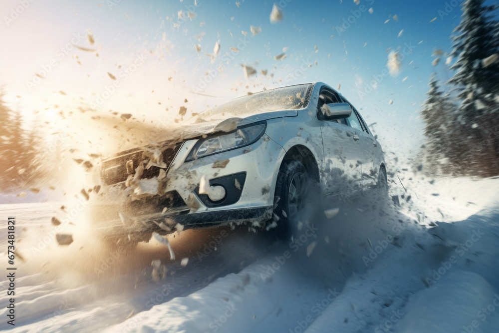 The car skidded on the snowy road. The danger of driving in winter. Generative AI