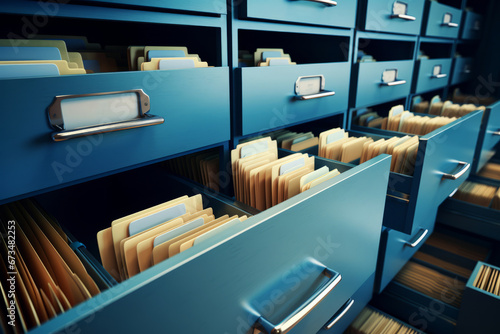File cabinet with a wide open drawer full of files. Generative AI