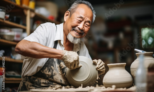 Artistic Senior Man Spinning Clay on Pottery Wheel in Craft Studio